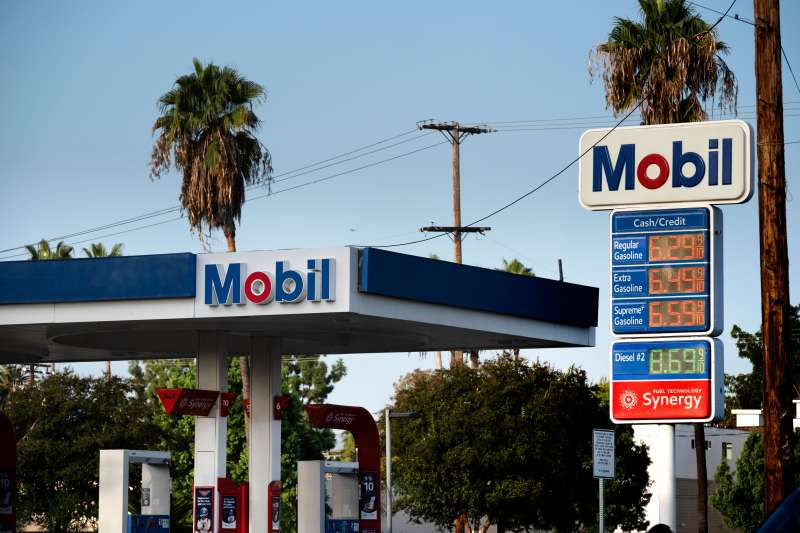 Mobil gas station sign showing high California gas prices with regular at $6.29 and diesel at $8.69 per gallon.
