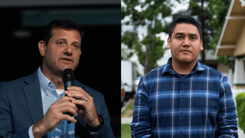 Side-by-side photos of the California congressional race candidates: Republican Rep. David Valadao, in a blue blazer, speaks into a microphone at an event (left), and Democratic challenger Randy Villegas, in a blue plaid shirt, stands on a tree-lined residential street (right).